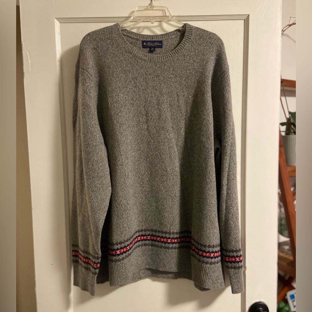 Brooks Brothers Sweater Mens 2XL Gray Merino Wool Fair Isle Crewneck Knit EUC